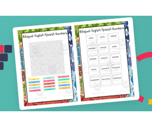 Bilingual English-Spanish Numbers word search, scramble and crossword