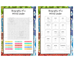 Biography of a World Leader word search, scramble and crossword puzzle