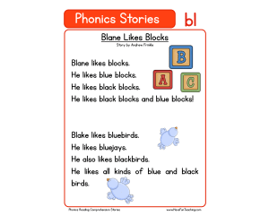 Blane Likes Blocks BL Phonics Stories Reading Comprehension Worksheet