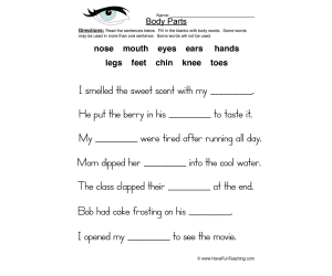Body Parts Fill in the Blanks Worksheet