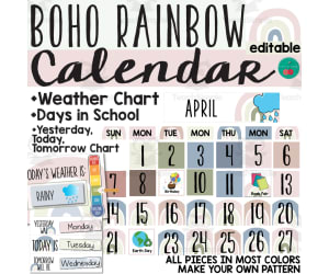 Boho Rainbow Calendar and Weather Display - Calming Colors Boho Classroom Decor