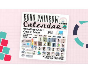 Boho Rainbow Calendar and Weather Display - Calming Colors Boho Classroom Decor