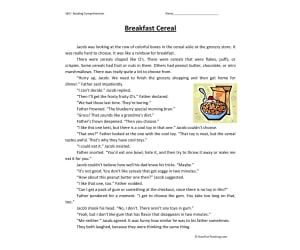 Breakfast Cereal Reading Comprehension Worksheet