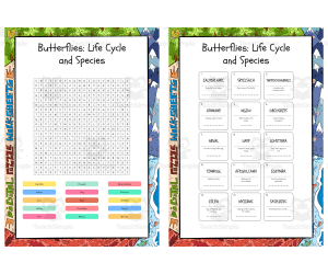 Butterflies Life Cycle and Species word search, scramble and crossword