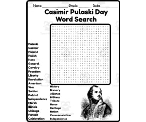 Casimir Pulaski Day Word Search 2nd 3rd 4th 5th Grade Worksheet
