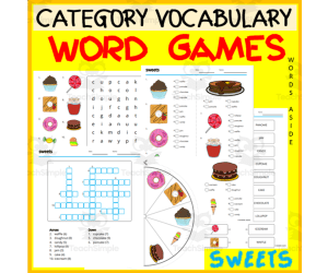 CATEGORY VOCABULARY WORD GAMES| ANAGRAM WORD SEARCH MATCHING QUIZ | sweets