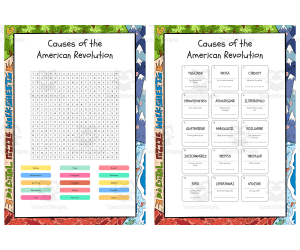 Causes of the American Revolution word search, scramble and crossword