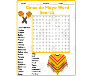 Cinco de Mayo Word Search 2nd 3rd 4th 5th Grade Worksheet Activity