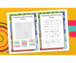 Citizenship and Community Service word search, scramble and crossword