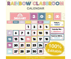 Classroom Calendar in Pastel Rainbow Theme - 100% Editable