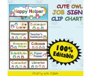 Classroom Job Sign Clip Chart in Owl Theme - 100% Editable