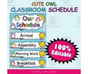 Classroom Schedule Cards with Clocks in Owl Theme - 100% Editable