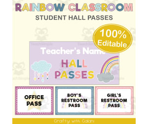 Classroom Student Hall Pass in Pastel Rainbow Theme - 100% Editable