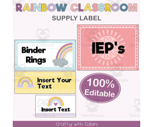 Classroom Supply Labels in Pastel Rainbow Theme - 100% Editable