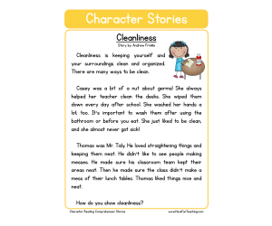 Cleanliness Character Reading Comprehension Worksheet