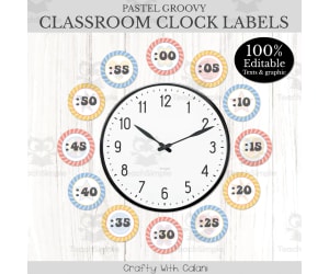 Clock Label Classroom Decoration in Pastel Groovy - 100% Editable