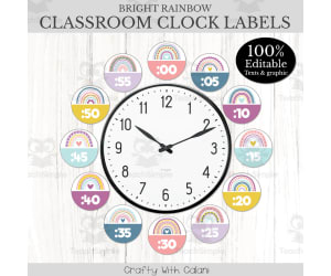 Clock Label Classroom Decoration in Pastel Rainbow - 100% Editable