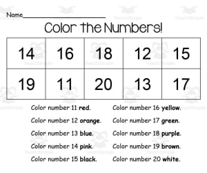 Color Your Numbers 11-20 Printable
