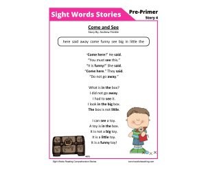 Come and See Pre-Primer Sight Words Reading Comprehension Worksheet