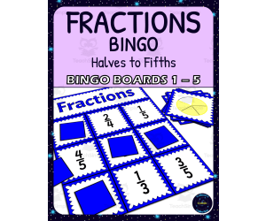 Common Fractions 1/2 - 1/5s Activity - Bingo Game - Fraction Symbols - Boards 1-5