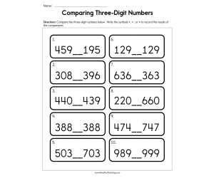 Comparing Three Digit Numbers Worksheet