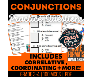 Conjunctions Practice Questions - Grade 3-4 Grammar (PDF)