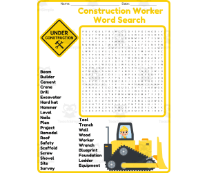 Construction Worker Word Search Puzzle Worksheet Activities