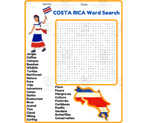 COSTA RICA Word Search Puzzle Worksheet Activity