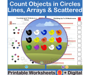 Count to 20 objects in a line, circle, array or scattered Kindergarten