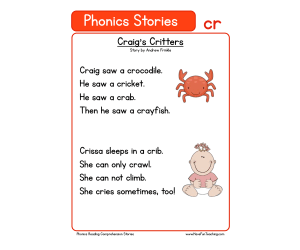 Craig's Critters CR Phonics Stories Reading Comprehension Worksheet