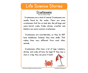 Crustaceans Life Science Reading Comprehension Worksheet