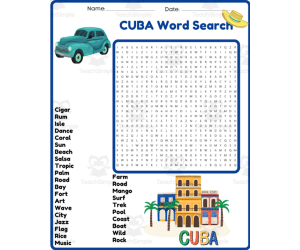 CUBA Word Search Puzzle Worksheet Activity for kids