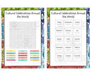 Cultural Celebrations Around the World word search, scramble and cross