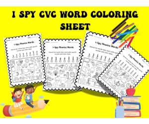 CVC I Spy Phonics Worksheets | Short Vowel Word Search & Color Activit
