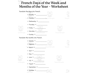 days of the week and months of the year in french worksheets