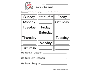 Days of the Week Worksheet - Fill in the Blank