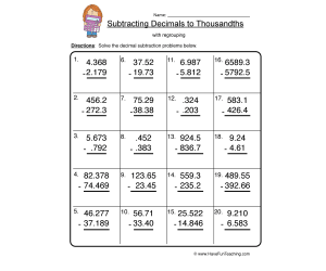 Decimal Subtracting Thousandths Worksheet