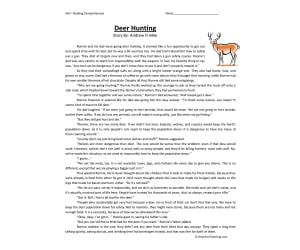 Deer Hunting - Reading Comprehension Worksheet