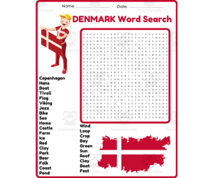DENMARK Word Search Puzzle Worksheet Activity
