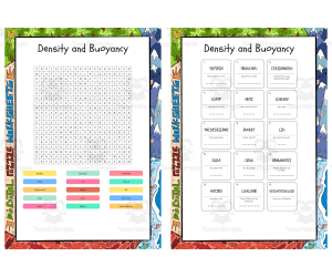 Density and Buoyancy word search, scramble and crossword puzzle