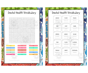Dental Health Vocabulary word search, scramble and crossword puzzle
