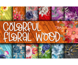 Digital Paper: Colorful Floral Wood
