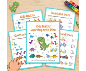 Dinosaur Math Worksheets Numbers 1-10 Tracing Counting Pre-K
