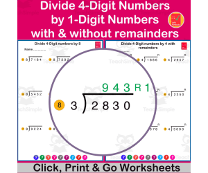 Divide 4-digit by 1-digit numbers with or without remainders