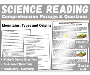 Earth Science Reading Passage: Types of Mountains (Fillable PDF)