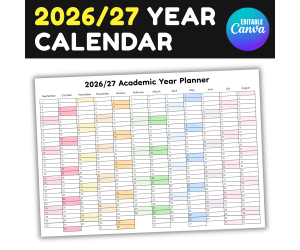Editable 2026-2027 Academic School Year Calendar Monthly Calendar