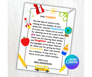 Editable End of Year Teacher Letter To Parents Last Day School Gift