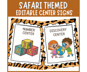 Editable safari jungle animal print themed center sign classroom decor