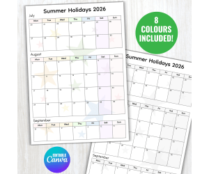 Editable School Summer Holiday Monthly Calendar 2026 Activity Schedule
