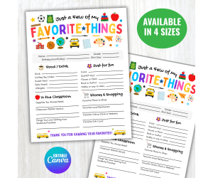 Editable Teacher Favorite Things Survey - Appreciation Week Gift